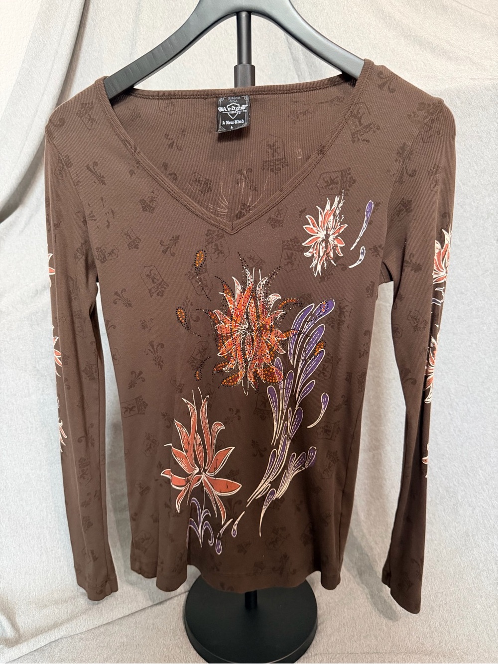 Brown Floral V-Neck Long Sleeve Top with Purple & Orange Accents